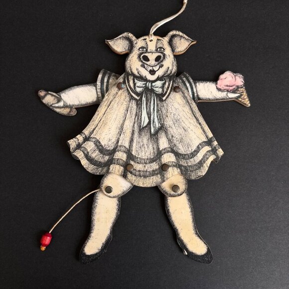 Susan Feves Other - Susan Fevest Vintage Articulated‎ Wooden Pig Ornament Pull String Folk Art